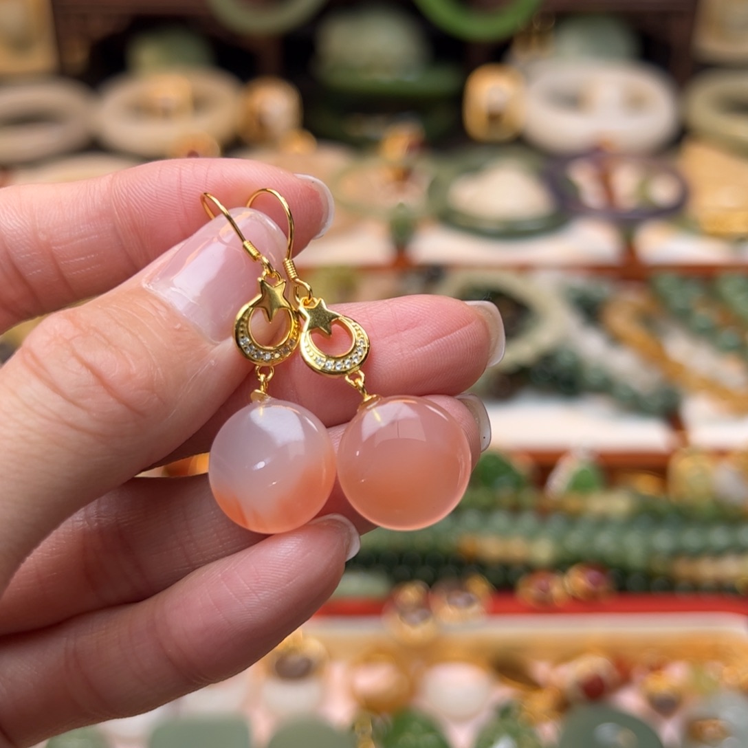 玛瑙/玉髓耳钉银S925镶嵌