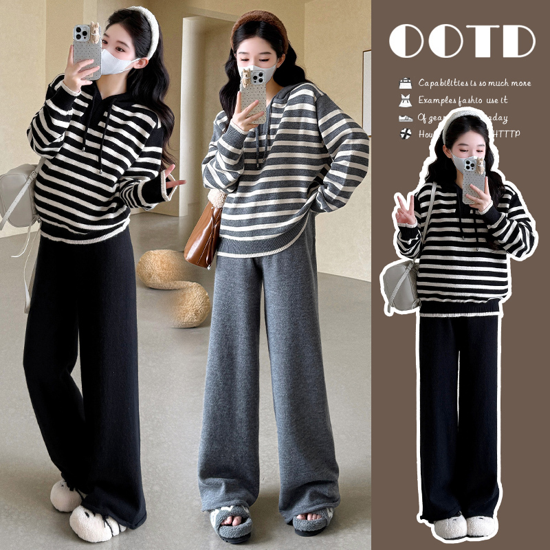 【枫丽】2025秋冬新款孕妇韩版时尚条纹连帽长袖毛衣裤子显瘦套装