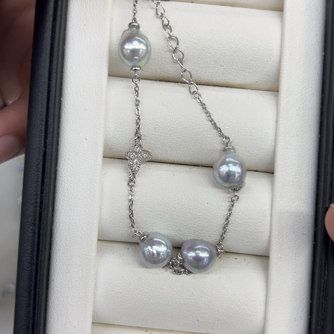 银S925镶嵌手链海水珍珠8-9mm海水真多麻蝴蝶手链