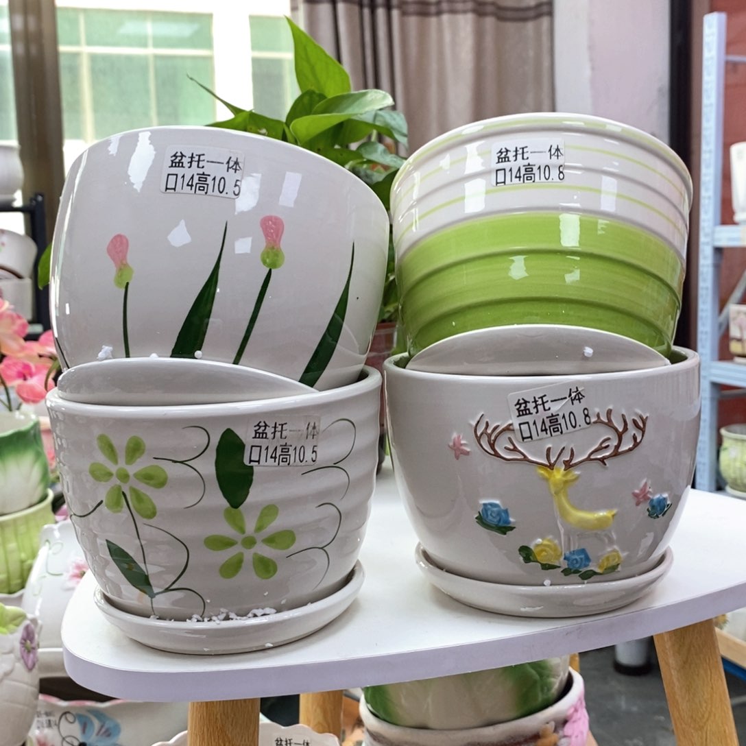 @陶瓷花盆@@四个手绘