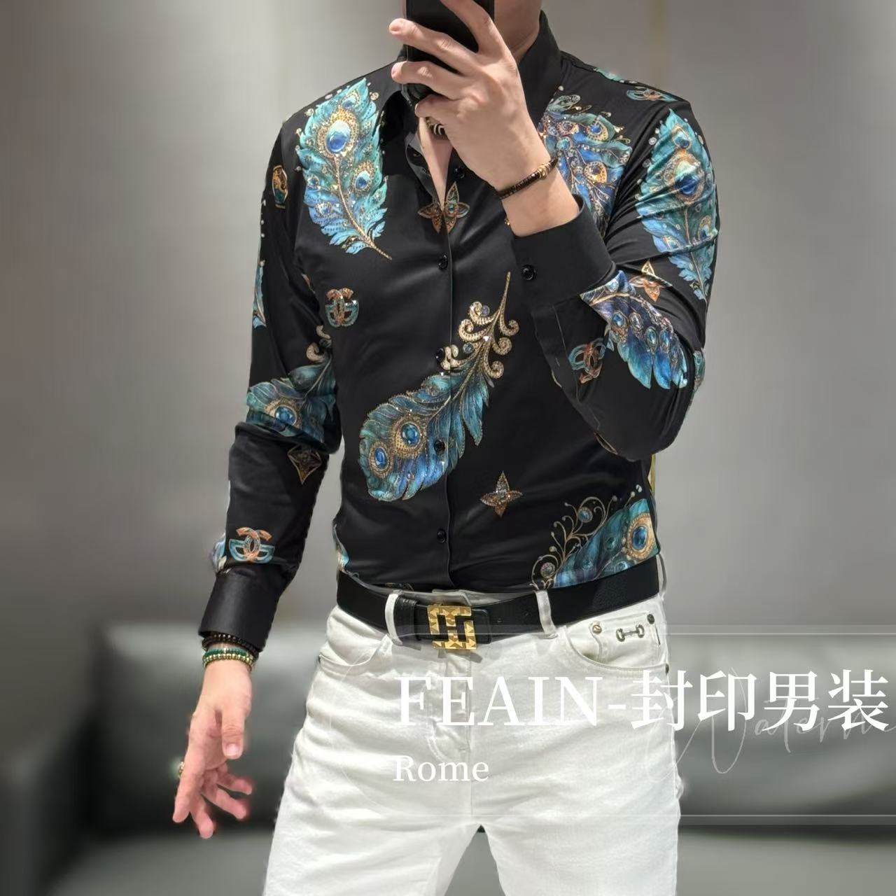 高端男士弹力莱卡宝石羽毛奥钻点缀长袖衬衫72622