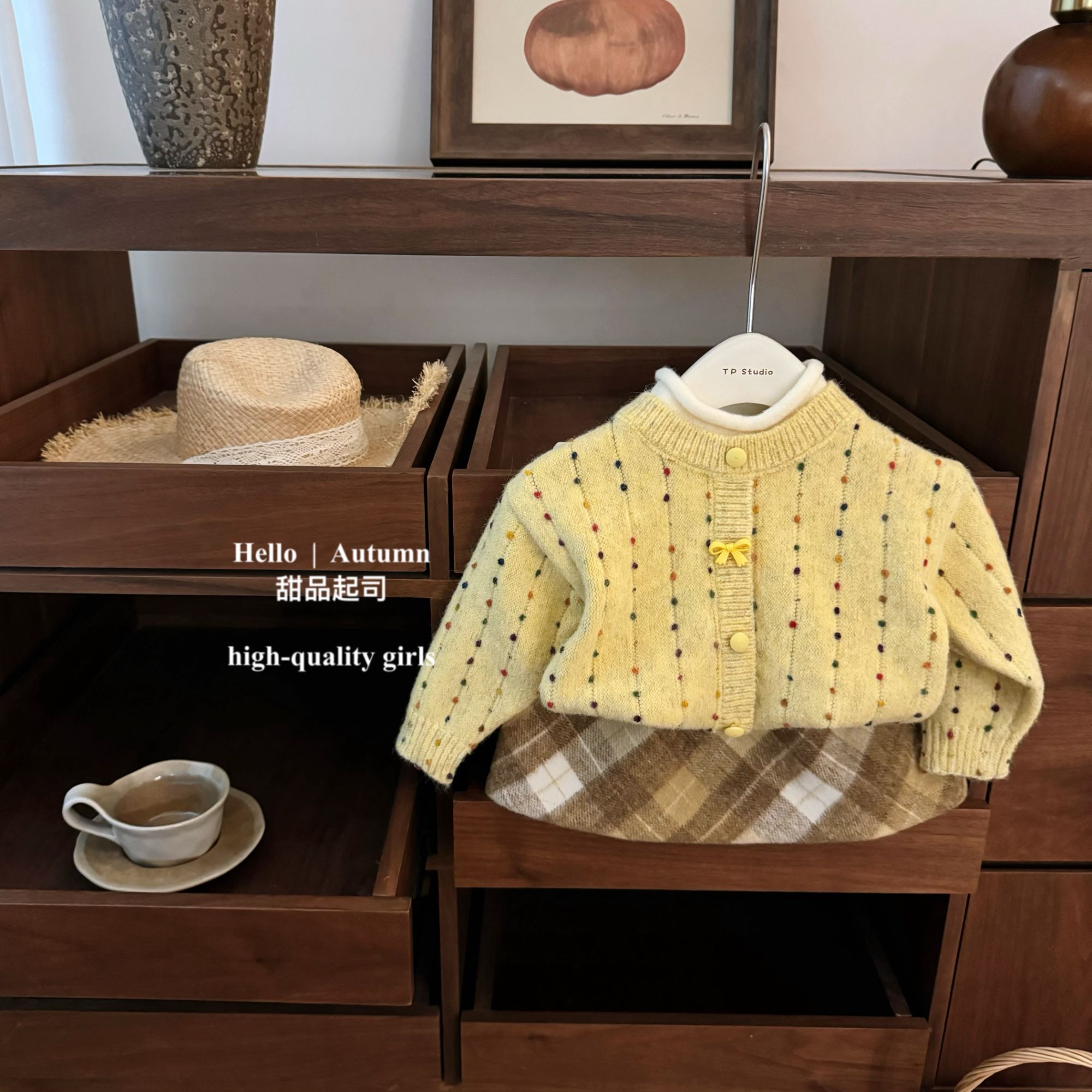 【甜品起司】原创！韩系女童点点纱假两件毛衣复古格子短裙洋气套装