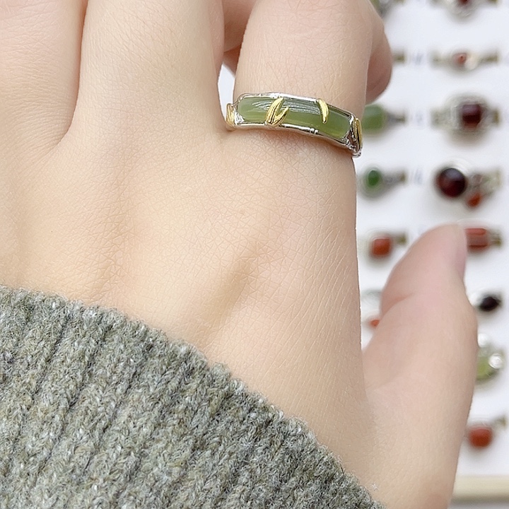 和田玉戒指银S925镶嵌天然