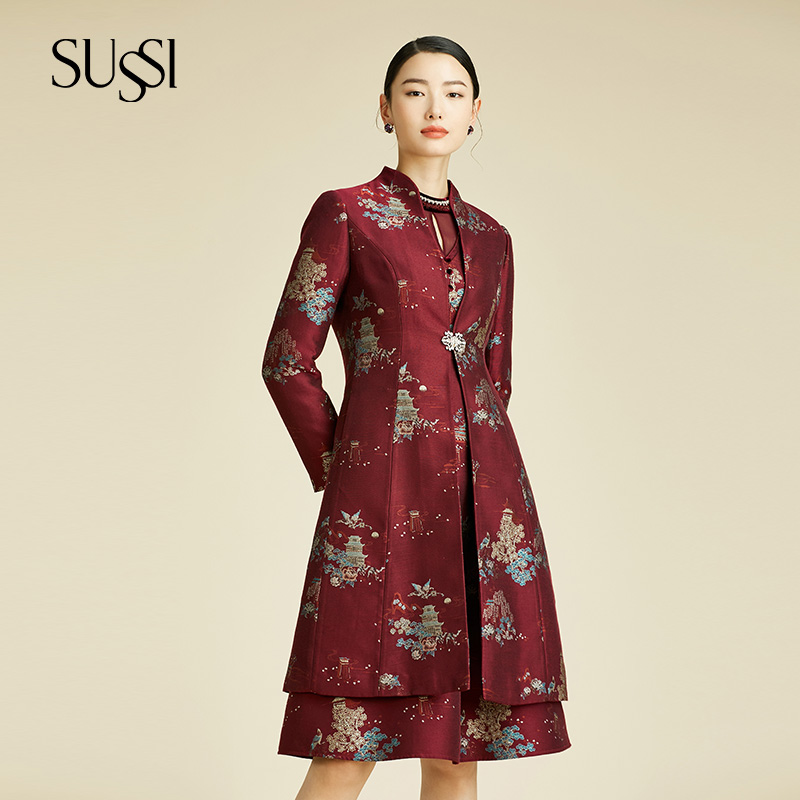 SUSSI/古色25冬季新品喜庆红提花妈妈婚宴礼服大衣外套
