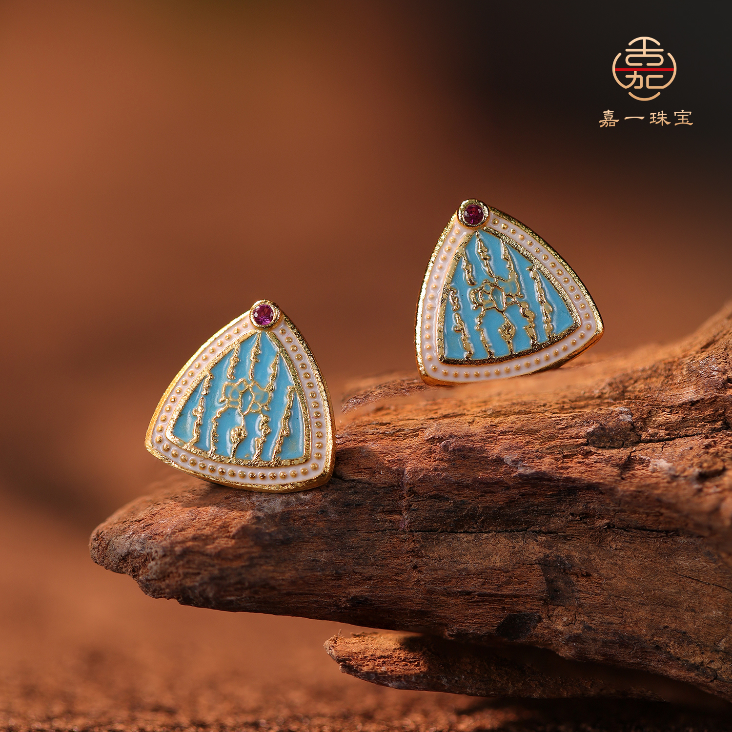 925银耳饰 【嘉一珠宝】古法银镀烧蓝五条J文耳钉彩绘耳饰多样发一