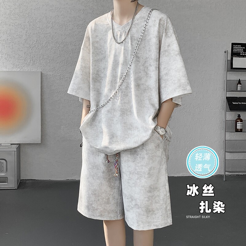 五分袖男大码男学生套装时尚休闲运动套装帅气扎染冰丝宽松轻薄