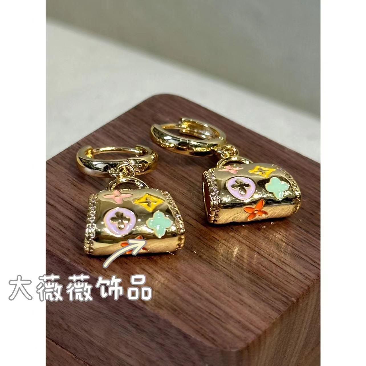 铜合金耳饰 彩色花花包包造型耳扣-4878