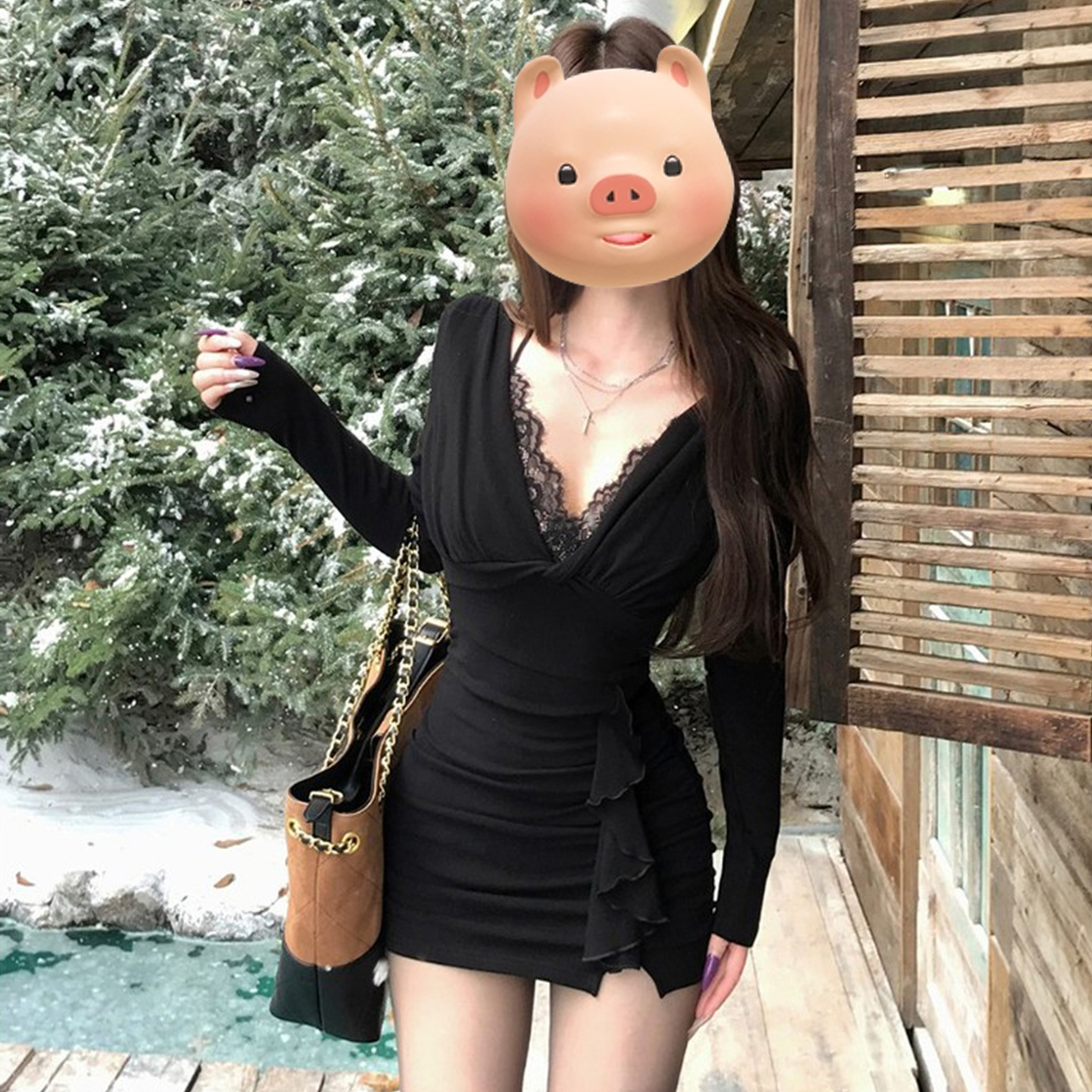 冬季小众辣妹纯欲蕾丝拼接收腰连衣裙女复古显瘦黑色长袖包臀裙子