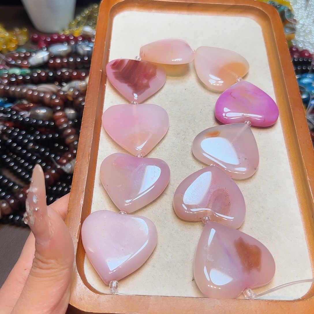 玛瑙/玉髓合金珠宝半成品玫粉色爱心一条