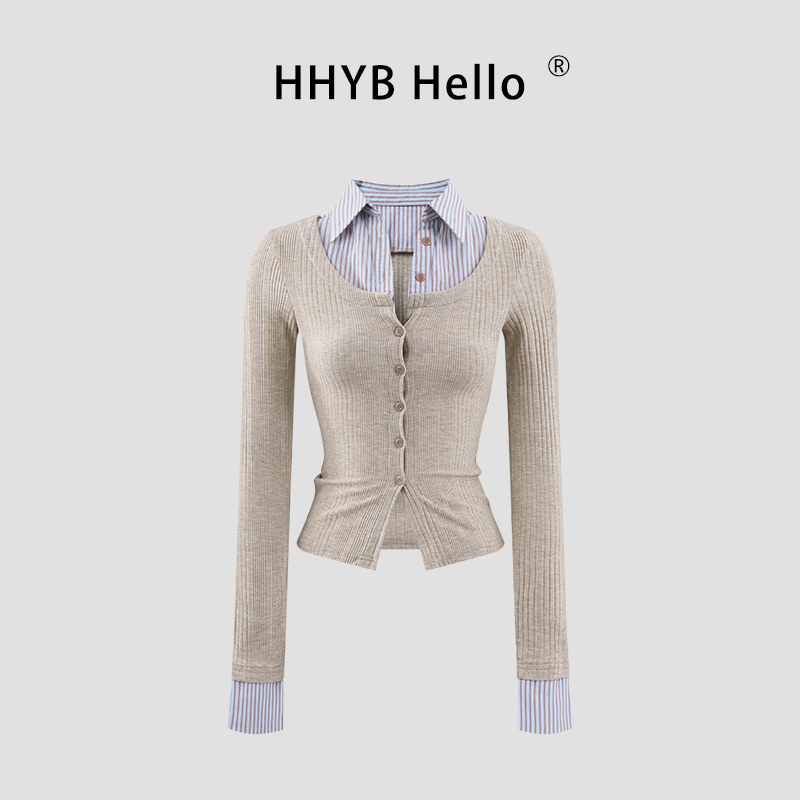 HHYB Hello韩系假两件长袖针织衫女秋季新款修身显瘦上衣250877