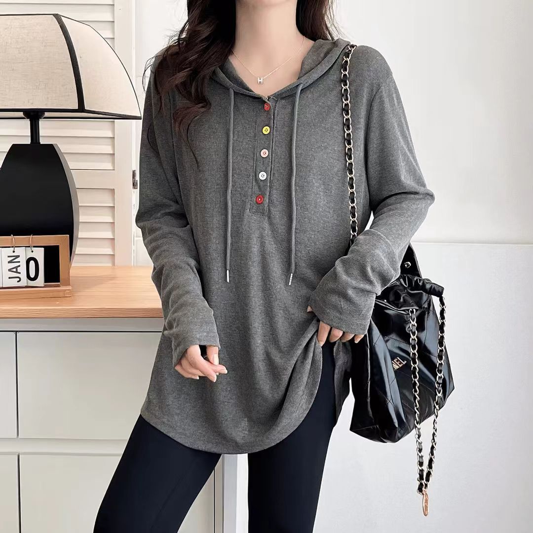 大码女装2025春季新款时尚洋气宽松显瘦连帽T恤上衣1006