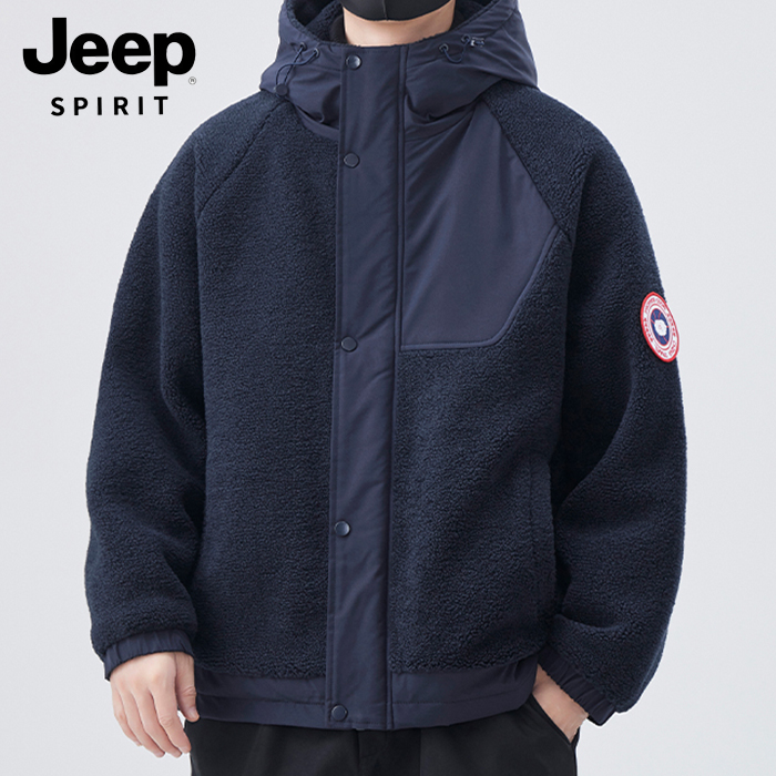 JEEPSPIRIT吉普颗粒绒外套男秋冬季连帽加厚棉服羊羔绒情侣棉衣潮