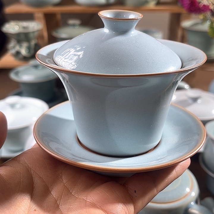 其他陶原矿原产地精品天青三才马蹄盖碗