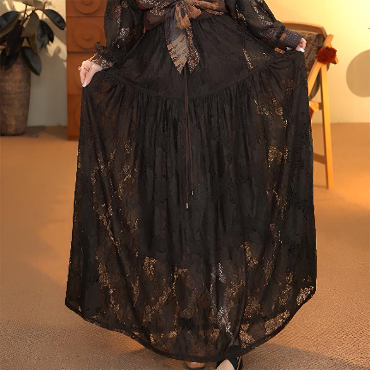 顾玖儿时尚百搭蕾丝钩花咖色显瘦半身裙#H1311