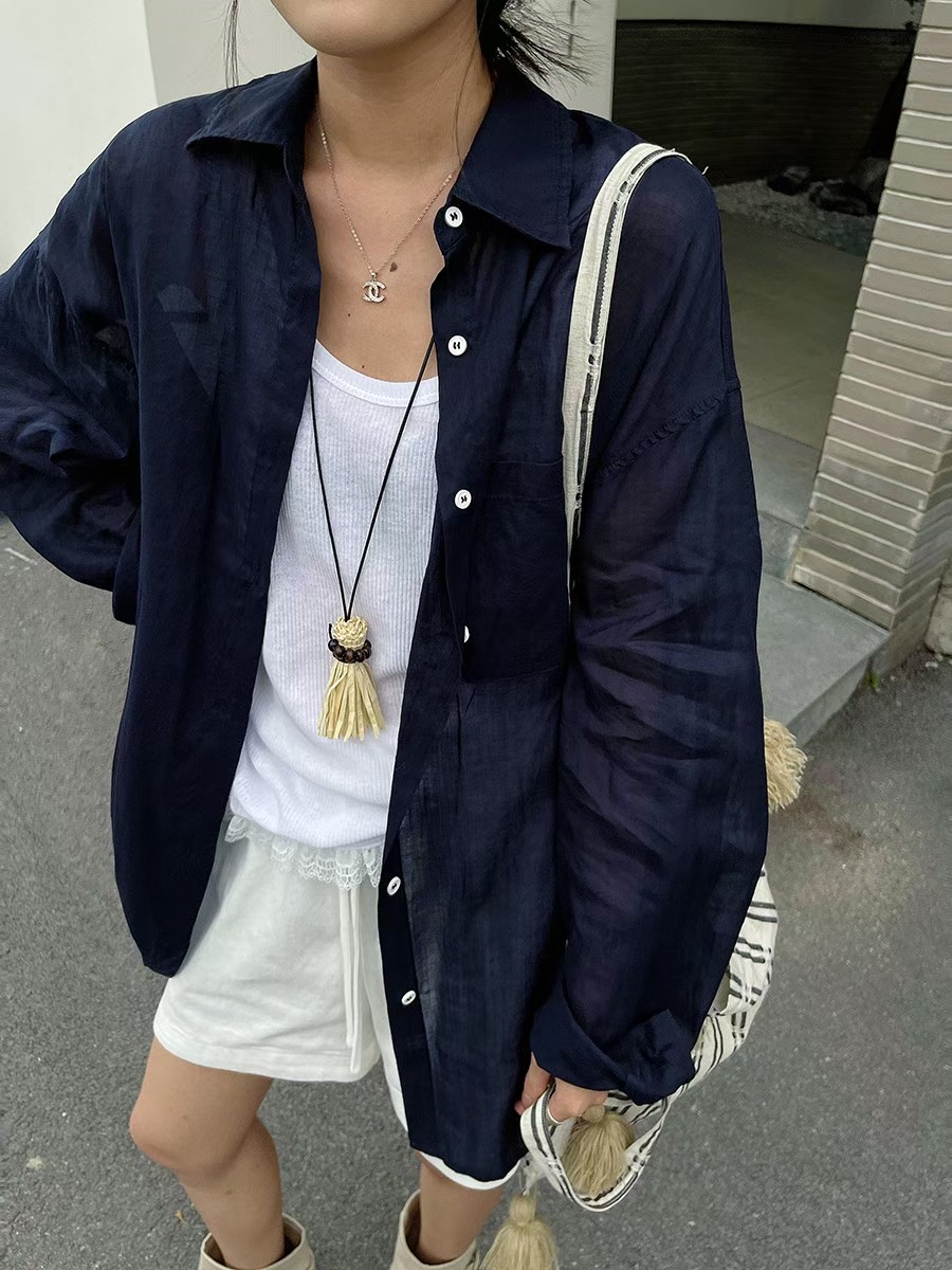 chalan  新款亚麻小花衬衣H25X0307