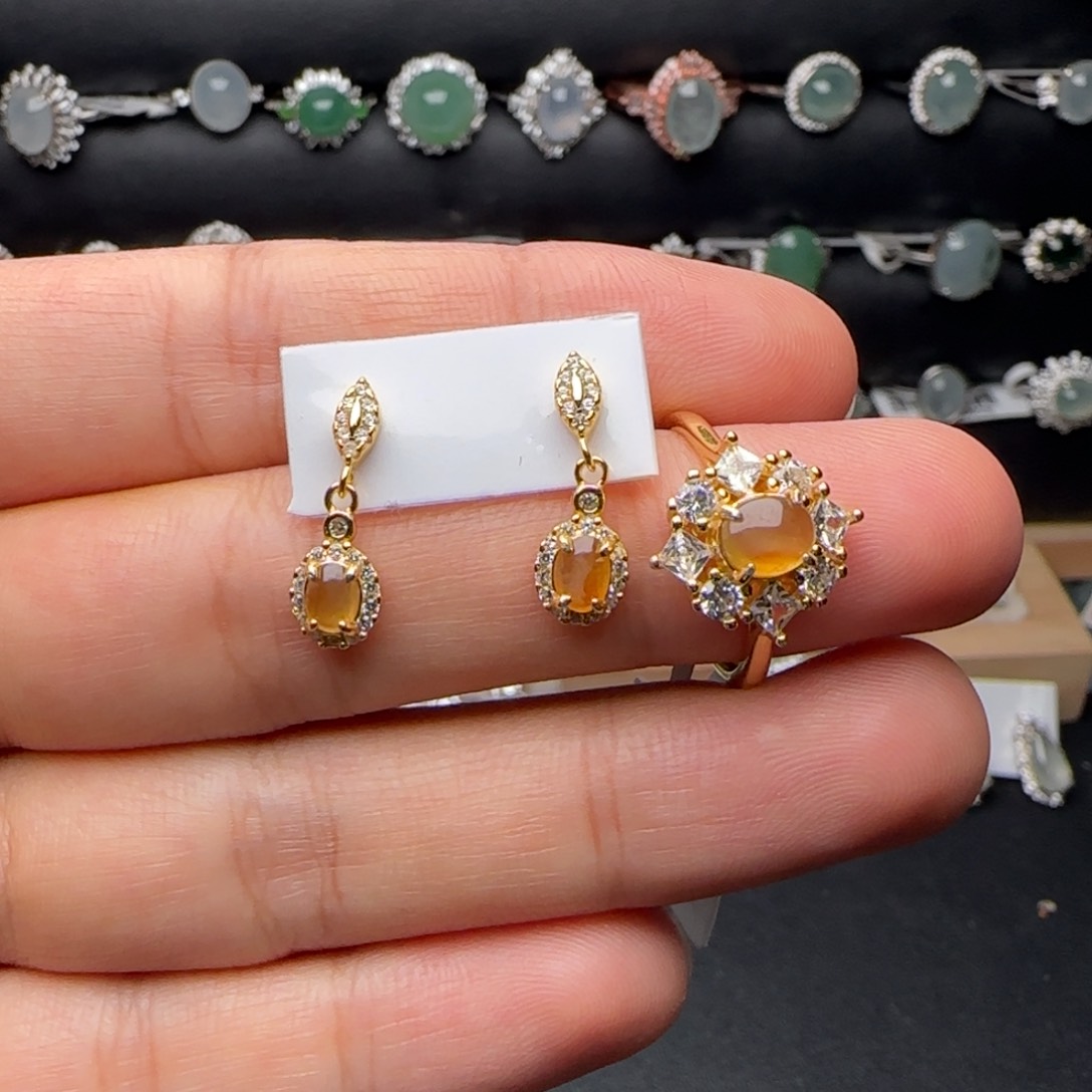 翡翠戒指银S925镶嵌冰黄套装