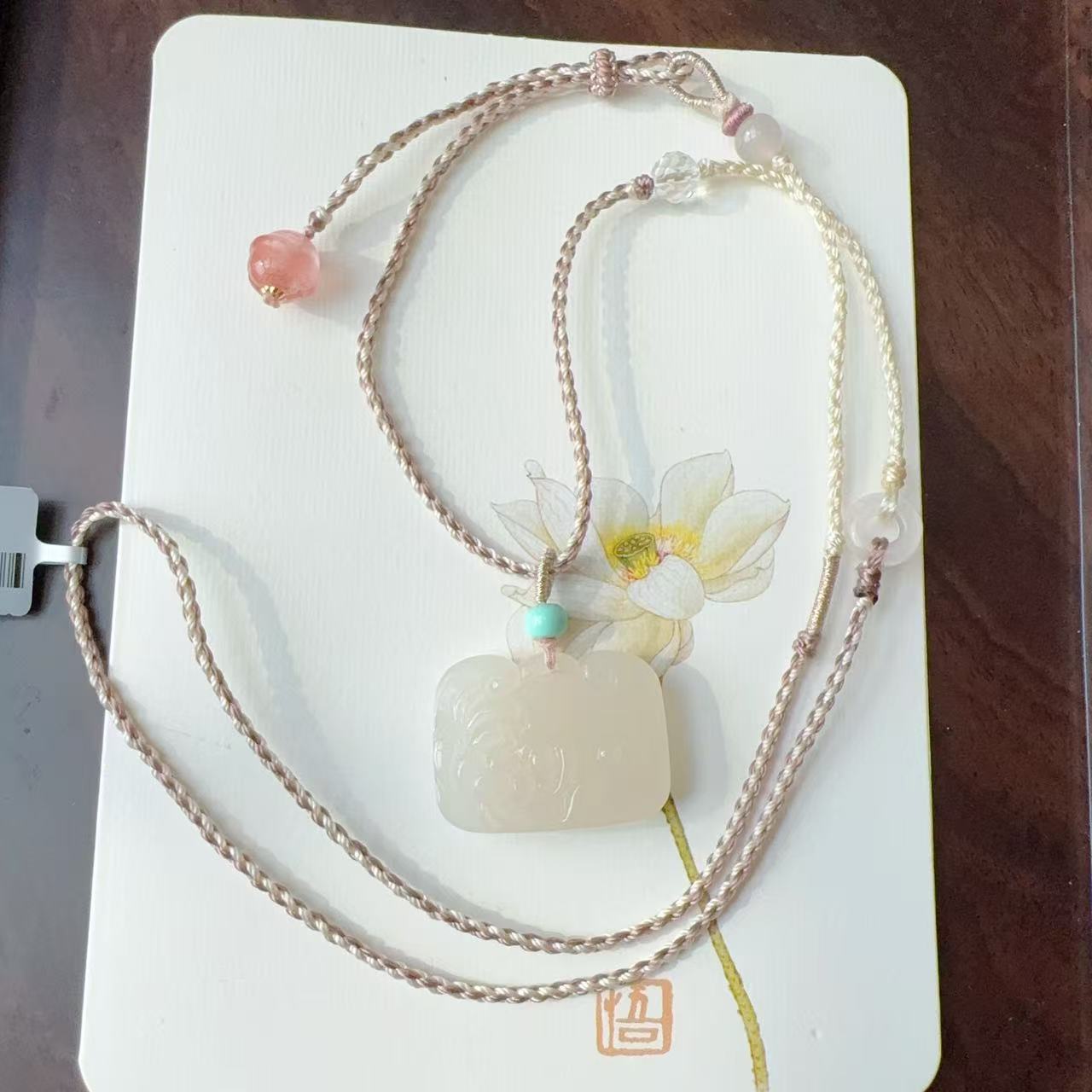 一物一拍/和田玉藕粉高品老料莲花牌项链