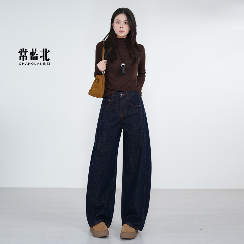 【常蓝北】秋冬原创植绒黑金原牛丹宁蓝百搭设计刺绣窄版弯刀裤
