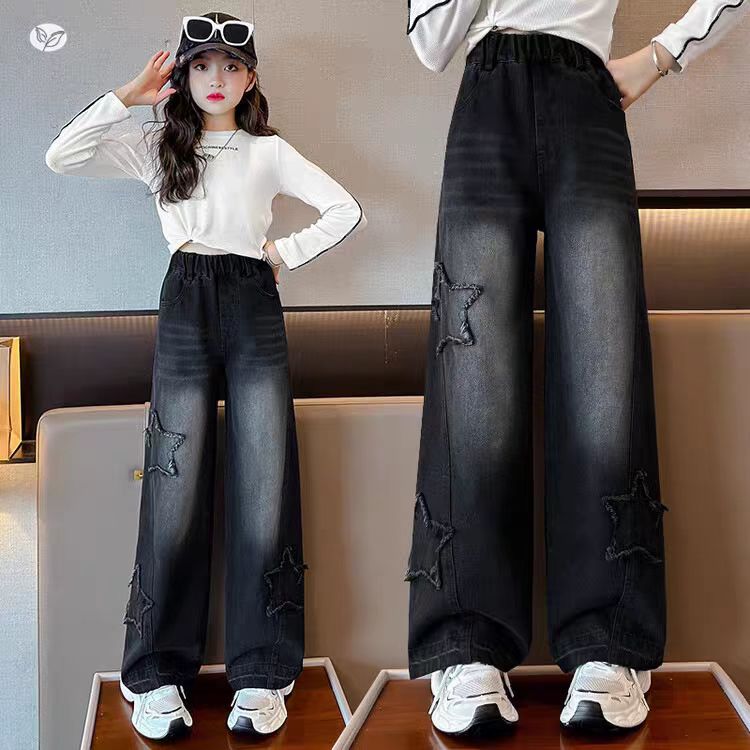女童春秋款直筒裤2025中大童贴布宽松阔腿裤儿童秋季时髦牛仔长裤