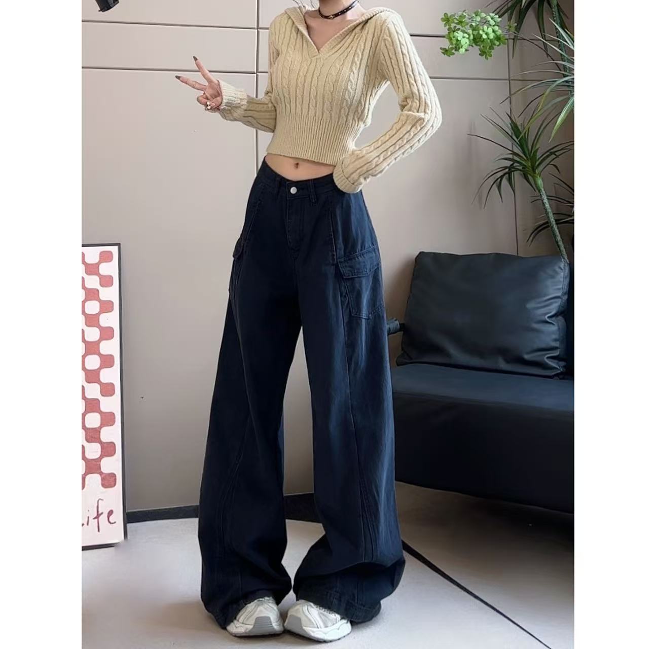 非常有质感的磨毛工装裤秋冬新款高腰显瘦休闲裤女-K3502