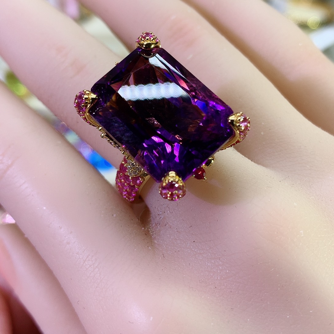 紫晶戒指银S925镀金镶嵌