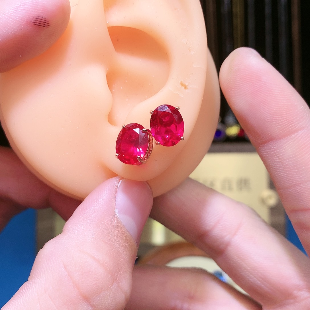 红宝石耳饰银S925镶嵌