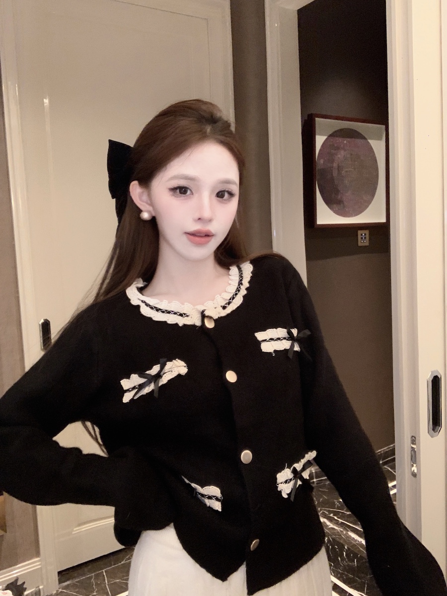 小香风蕾丝边针织开衫女秋冬法式蝴蝶结毛衣外套内搭长袖打底上衣