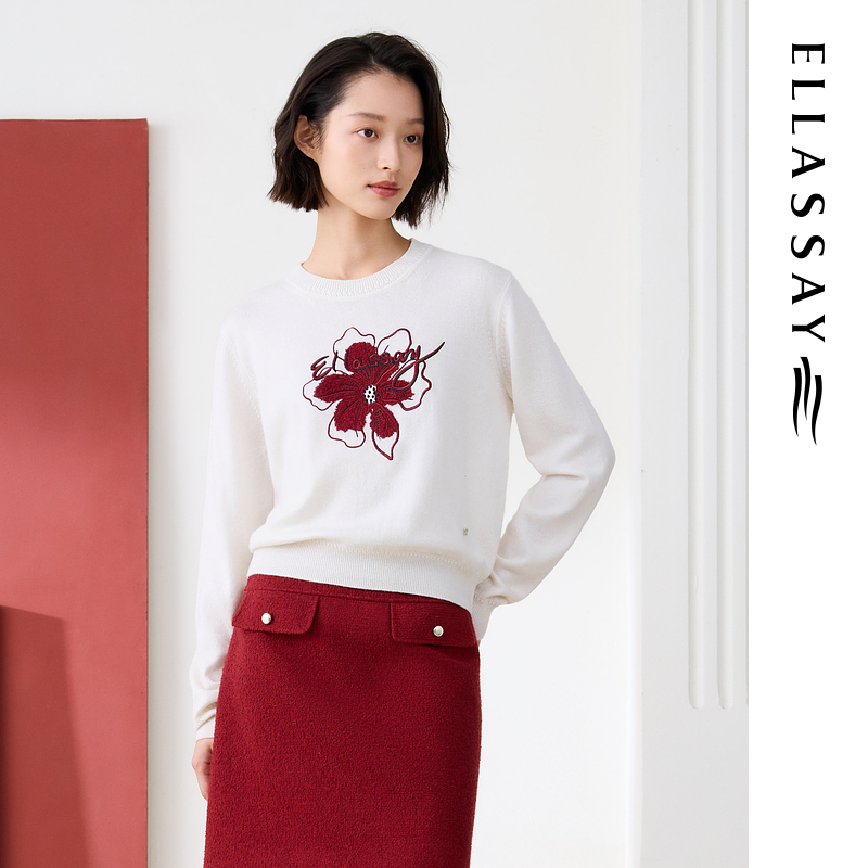ELLASSAY歌力思26早春新款山茶花刺绣圆领针织衫女EWE371M02000