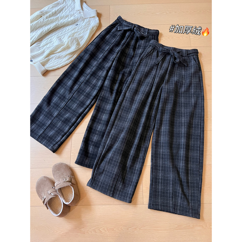 【一件过冬】J48格纹阔腿裤女冬季新款慵懒风宽松百搭保暖毛呢裤