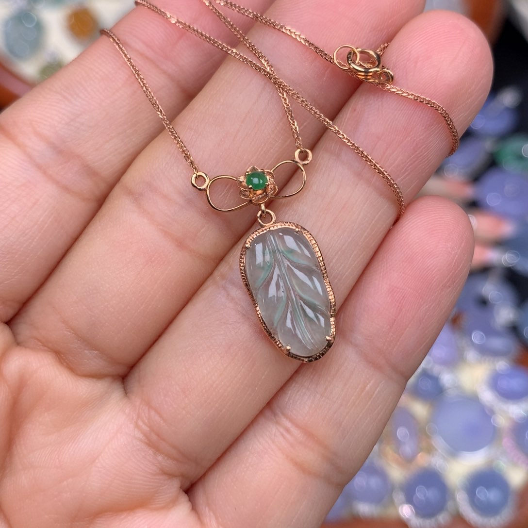 翡翠18K金镶嵌套链叶子锁骨链