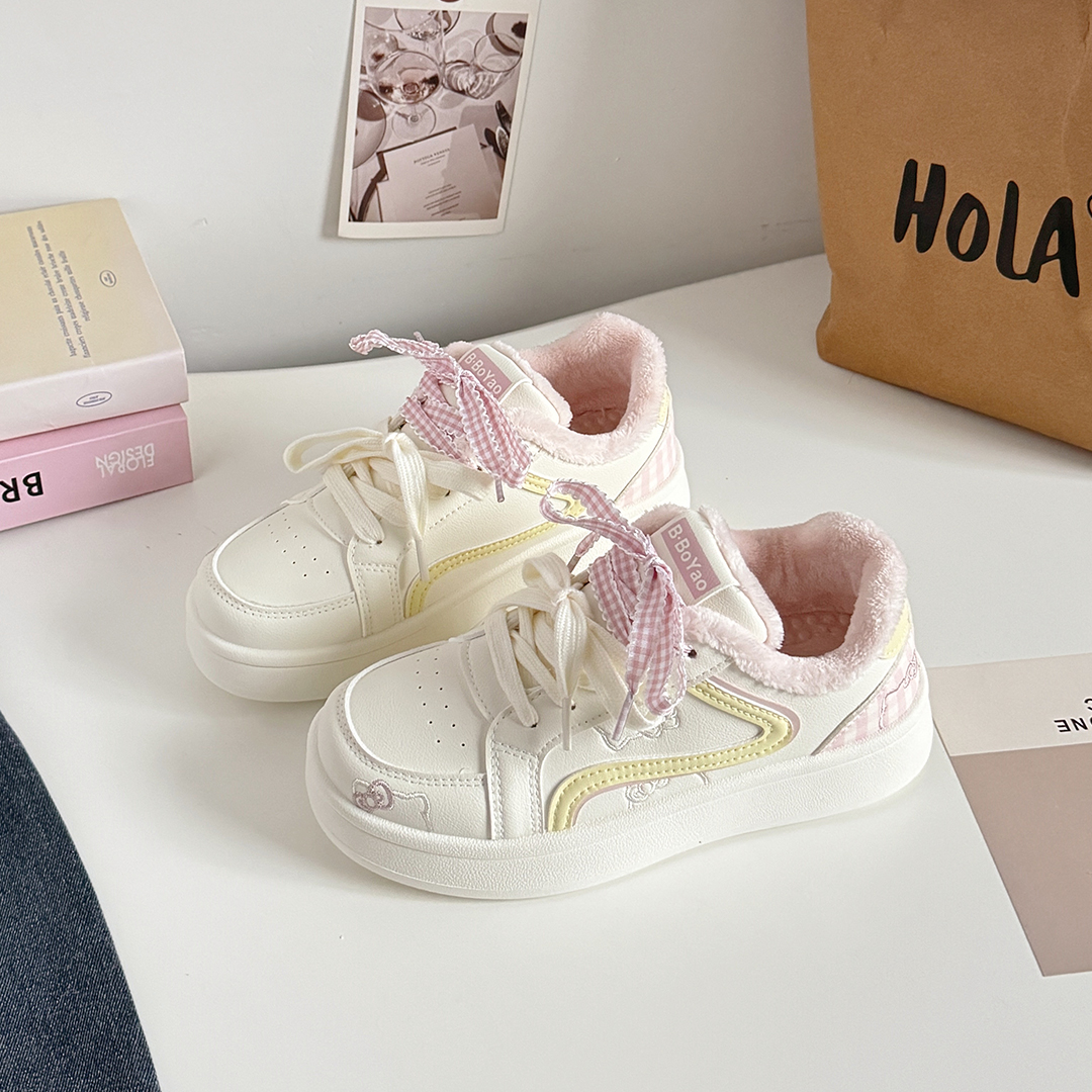 小众原创Kitty猫加绒厚底板鞋女2025秋冬新款百搭休闲保暖二棉鞋