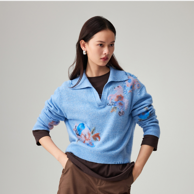 EP雅莹「骏」系列2026新款女装 印花圆领羊绒衫针织开衫9158A