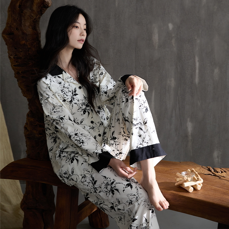 100%双面纯棉开衫睡衣女水墨画睡衣套装极简风轻奢家居服秋冬全棉