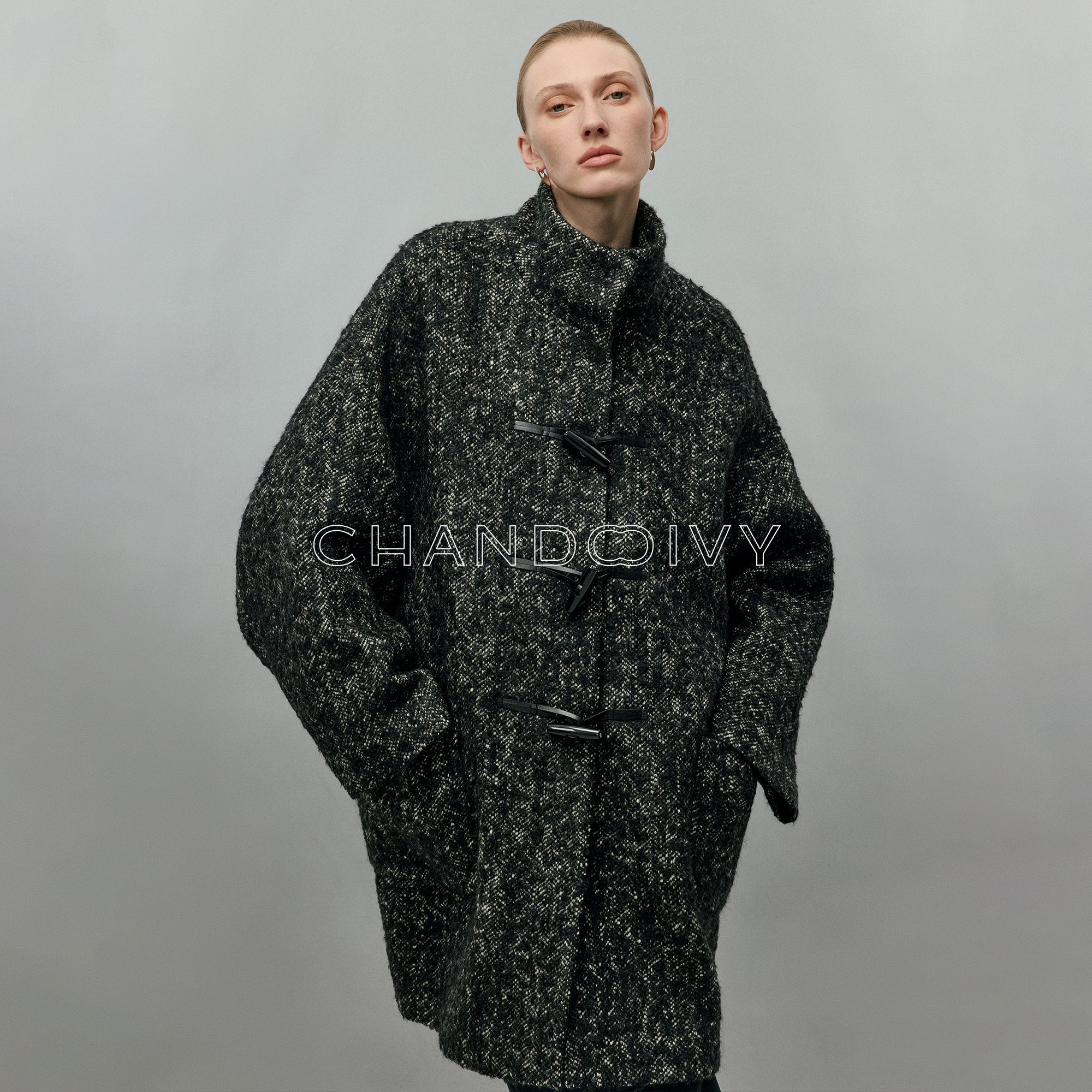 CHANDOOIVY高端圈圈呢柔软蓬松羊驼毛立领百搭定制牛角扣大衣