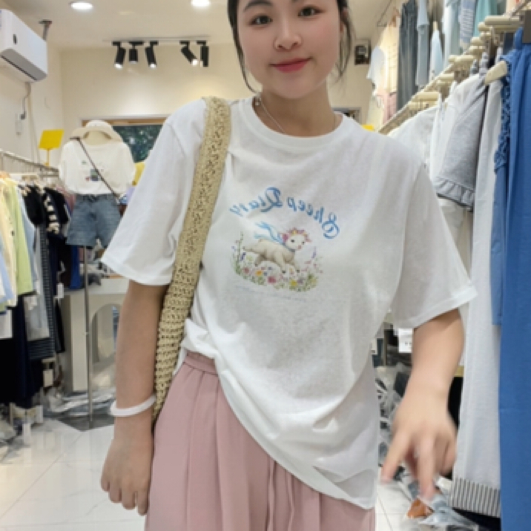 印花水洗圆领字母白色百搭T恤常规款短袖夏款时尚