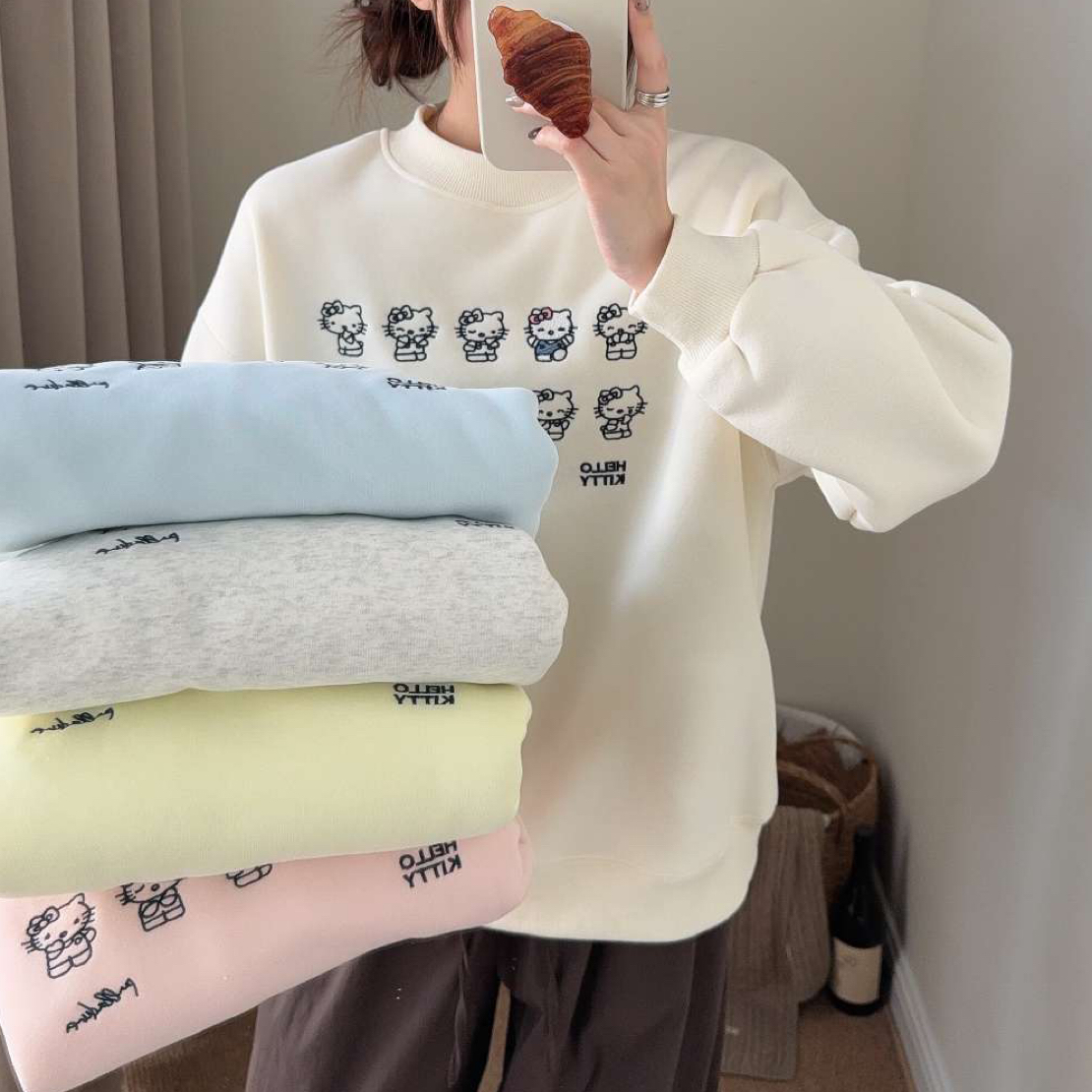 衣长62左右 KT刺绣 半高领 羊羔绒 加绒加厚卫衣 保暖显瘦7730