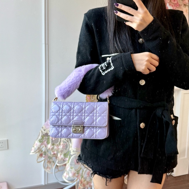 95新 DIOR/迪奥 dior miss紫色漆皮毛绒链条包