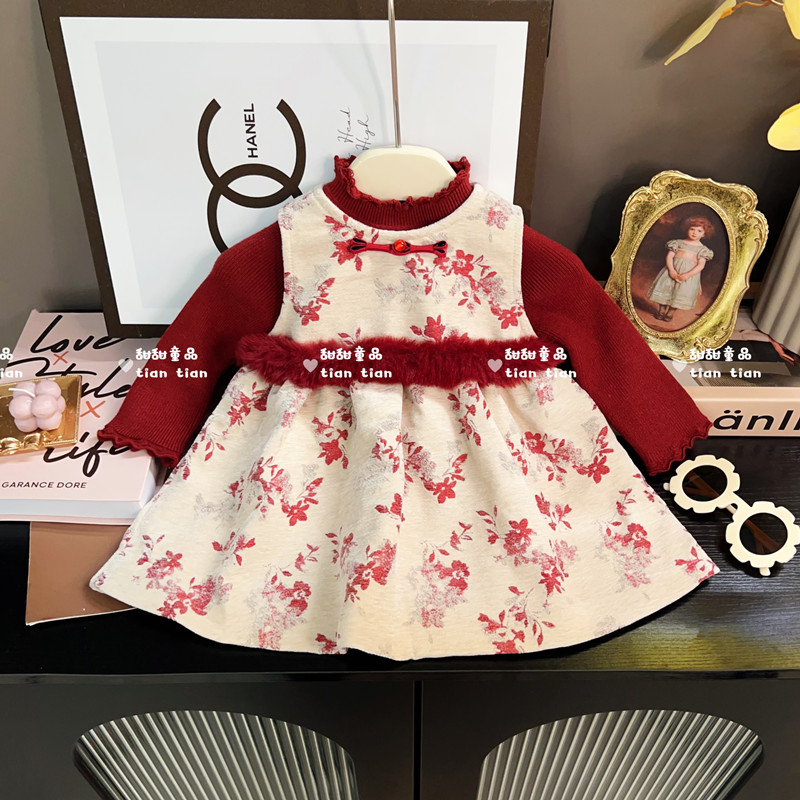 原创新品女童冬季加绒洋气背心裙女宝宝国风马甲裙子中国风过年衫