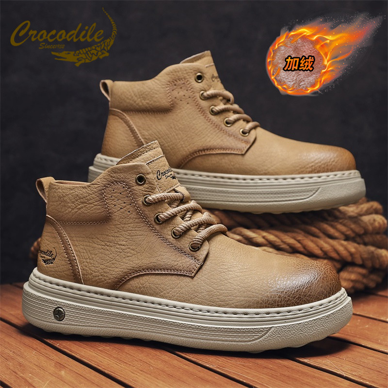 鳄鱼恤马丁靴男冬季加绒棉鞋中帮英伦风皮靴耐磨防滑防寒真皮男靴