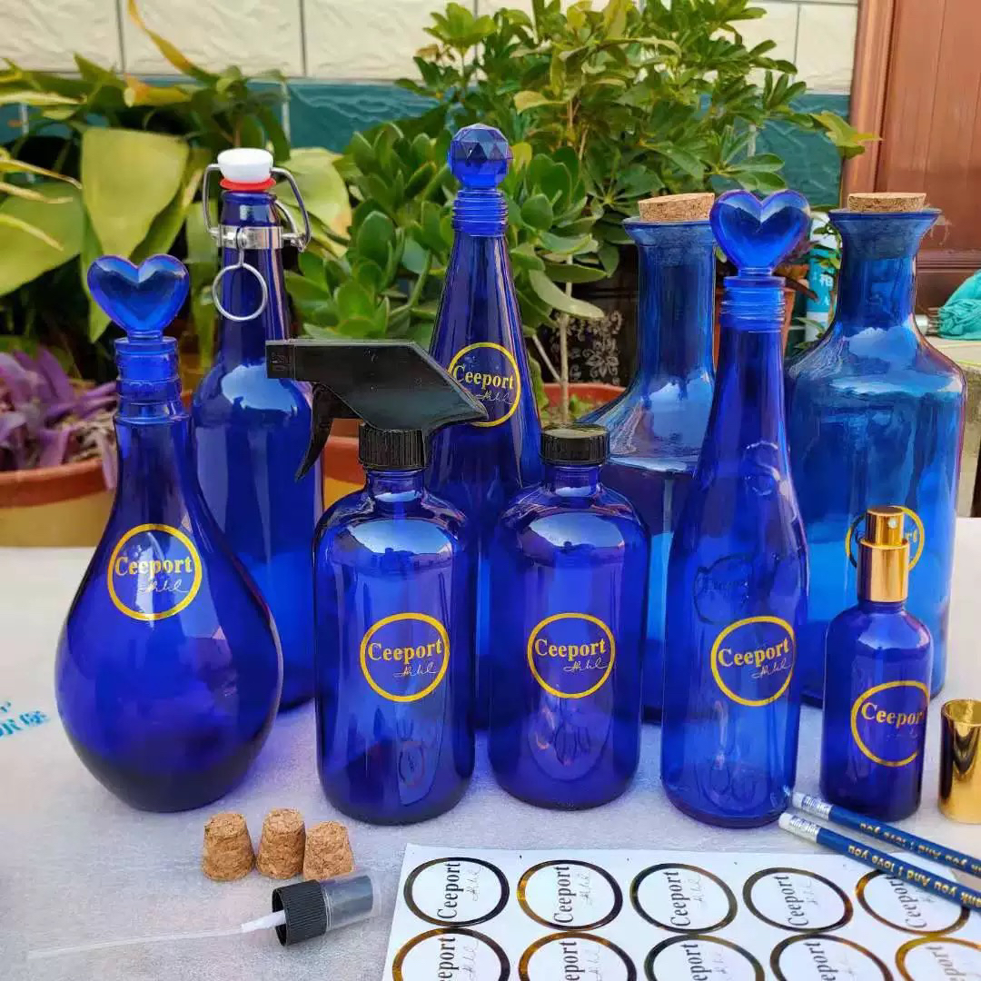 包邮 原料蓝色玻璃太阳水瓶 归零清理瓶 零极限工具 大容量蓝瓶