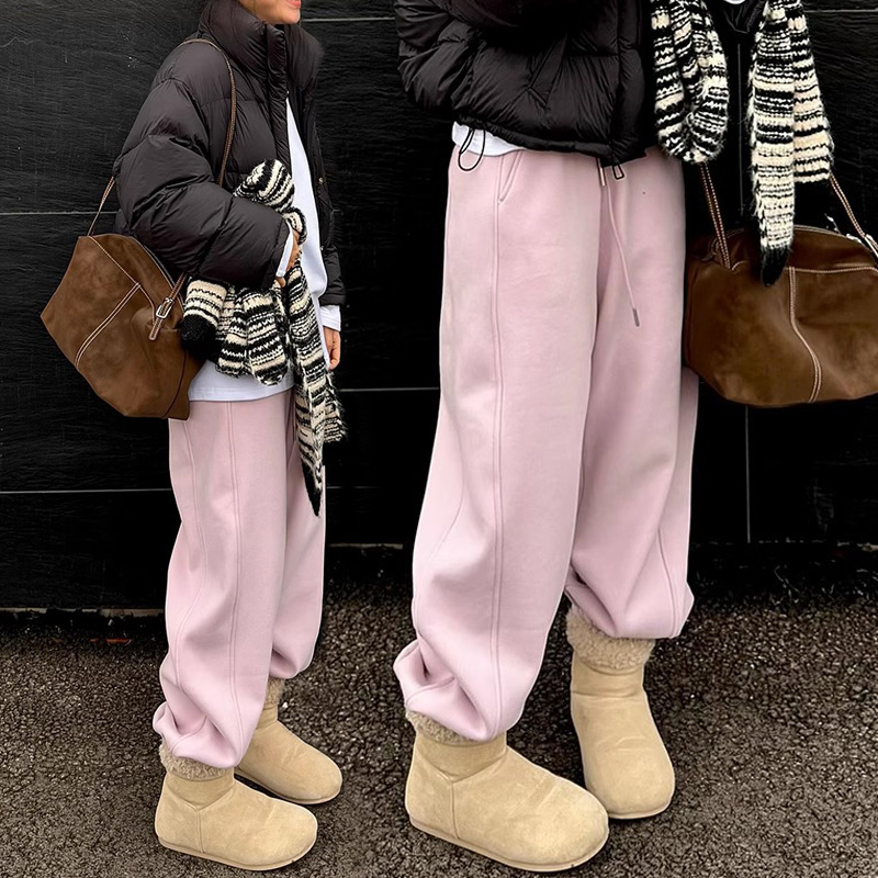韩系粉色加绒裤子女款爆款2025新款潮牌保暖运动卫裤宽松束脚裤厚