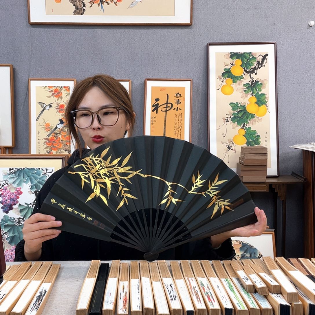 国画10寸黑檀-纯手绘-文玩扇骨（默认粘好）