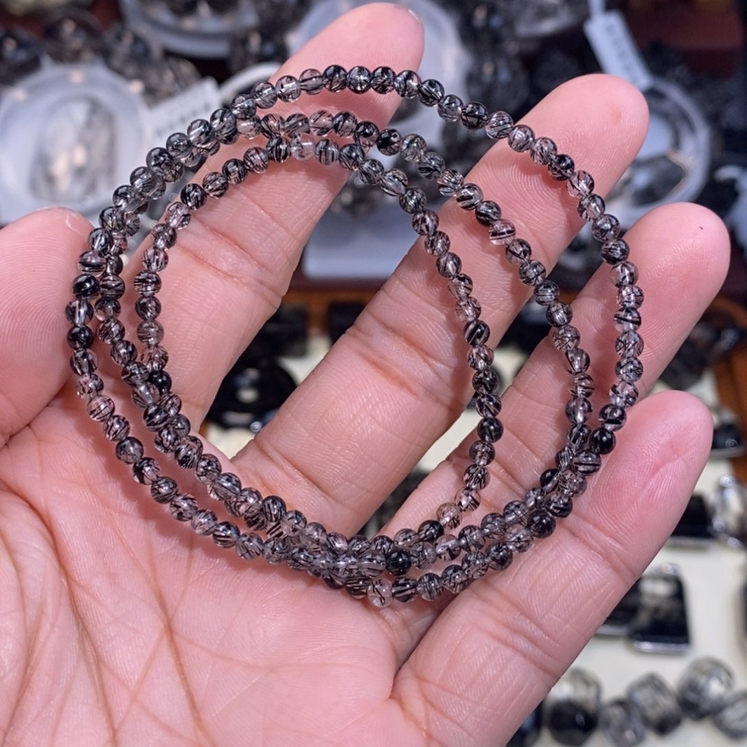 未镶嵌水晶手链黑发晶3mm三圈全透体满发蕾丝
