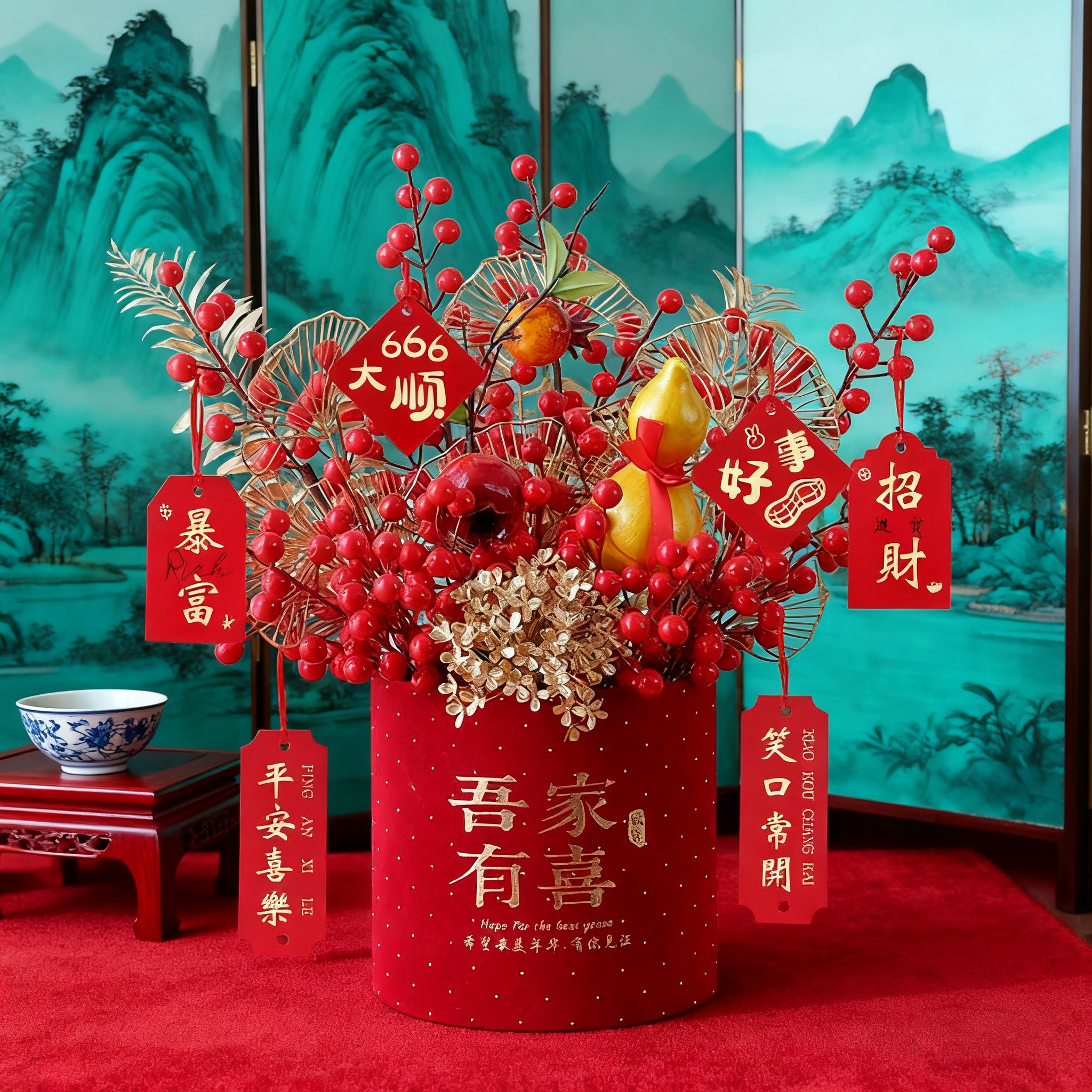 乔迁发财果摆件发财果仿真花抱抱福桶新居室客厅装饰专用花束摆件