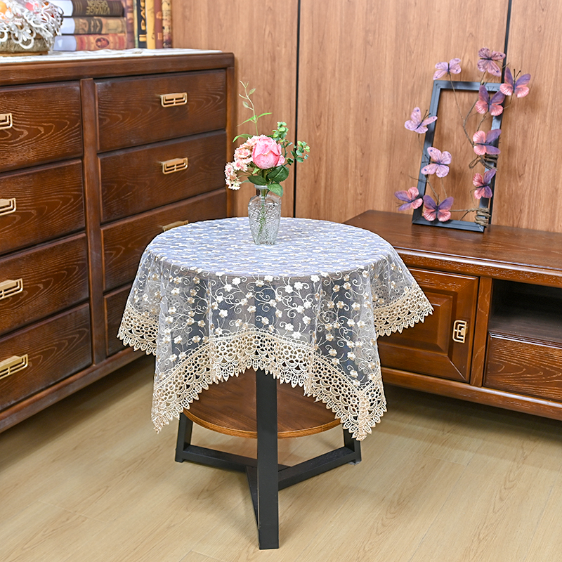 T07 定型纱香槟小点花 (150x150cm方）大方桌，大圆桌，餐桌布盖巾