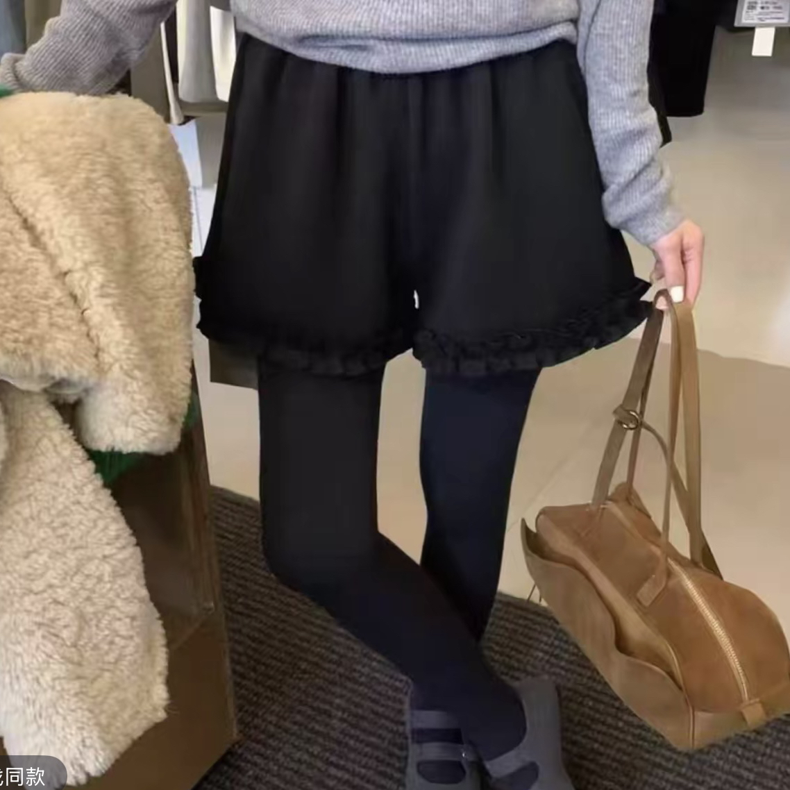 大码韩系加厚花边毛呢短裤女2025新款松紧腰显瘦a字休闲短裤