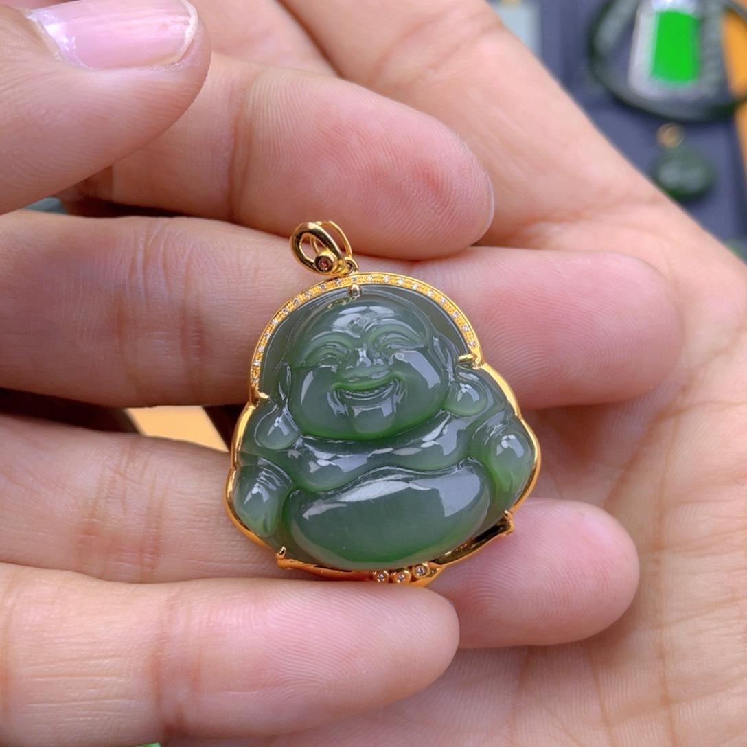 和田玉（碧玉）吊坠(不含链)18K金镶嵌于****?佛公吊坠