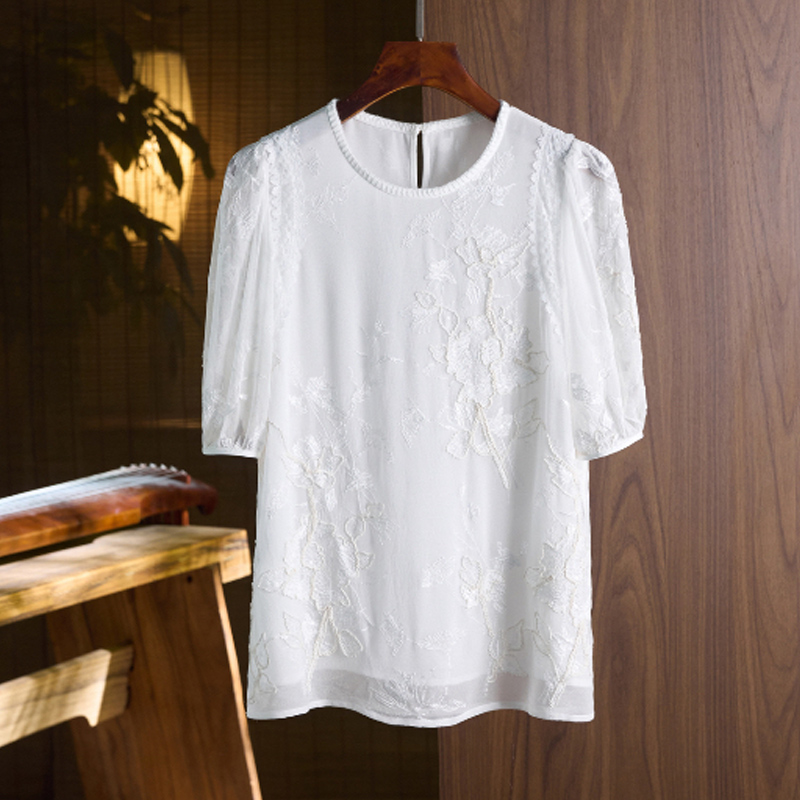 【麦子专属】真丝桑蚕丝重工刺绣花圆领泡泡袖短袖上衣LXZ7947