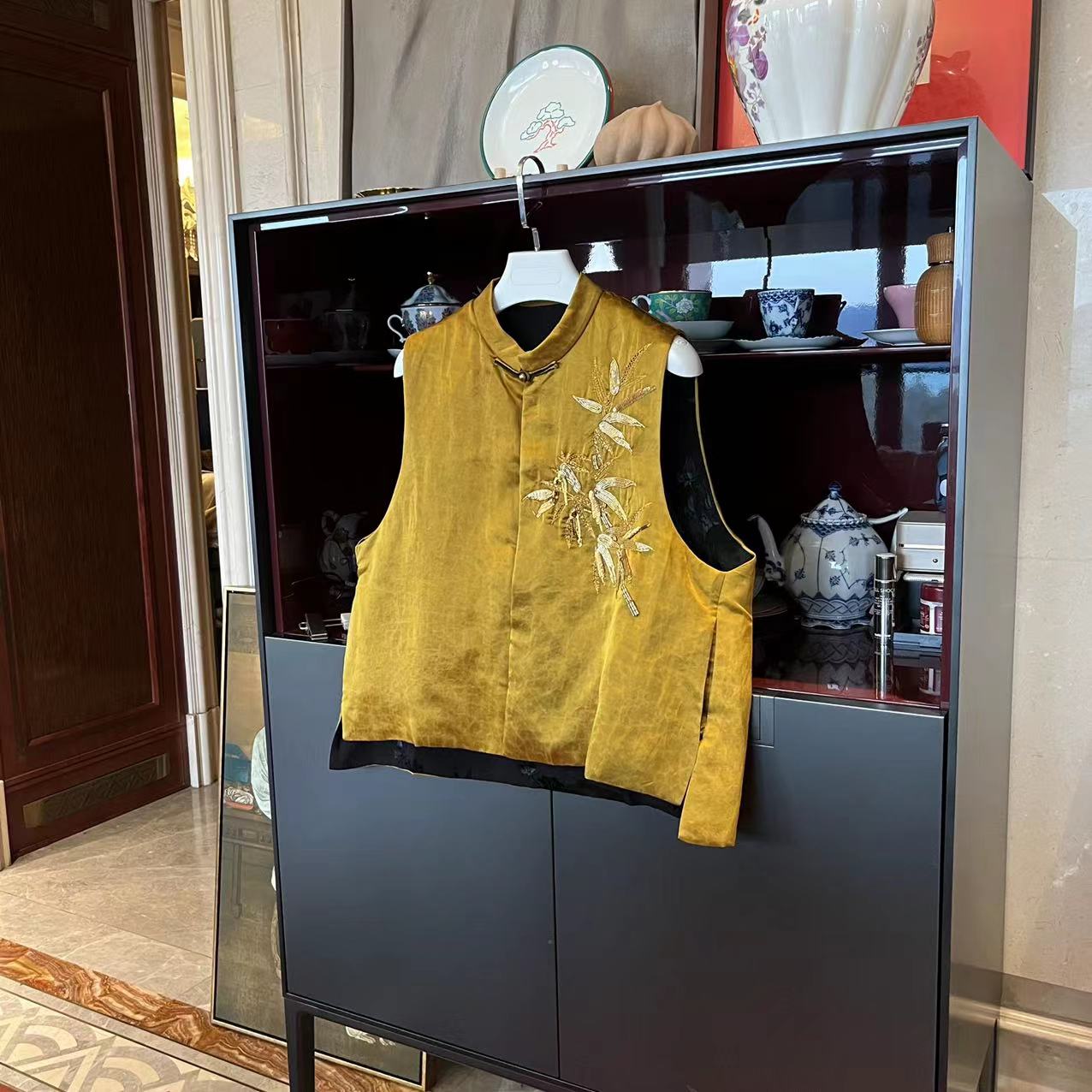 MYL 桑蚕丝黄色竹子马甲2023秋冬新品立领无袖一粒扣中式上衣