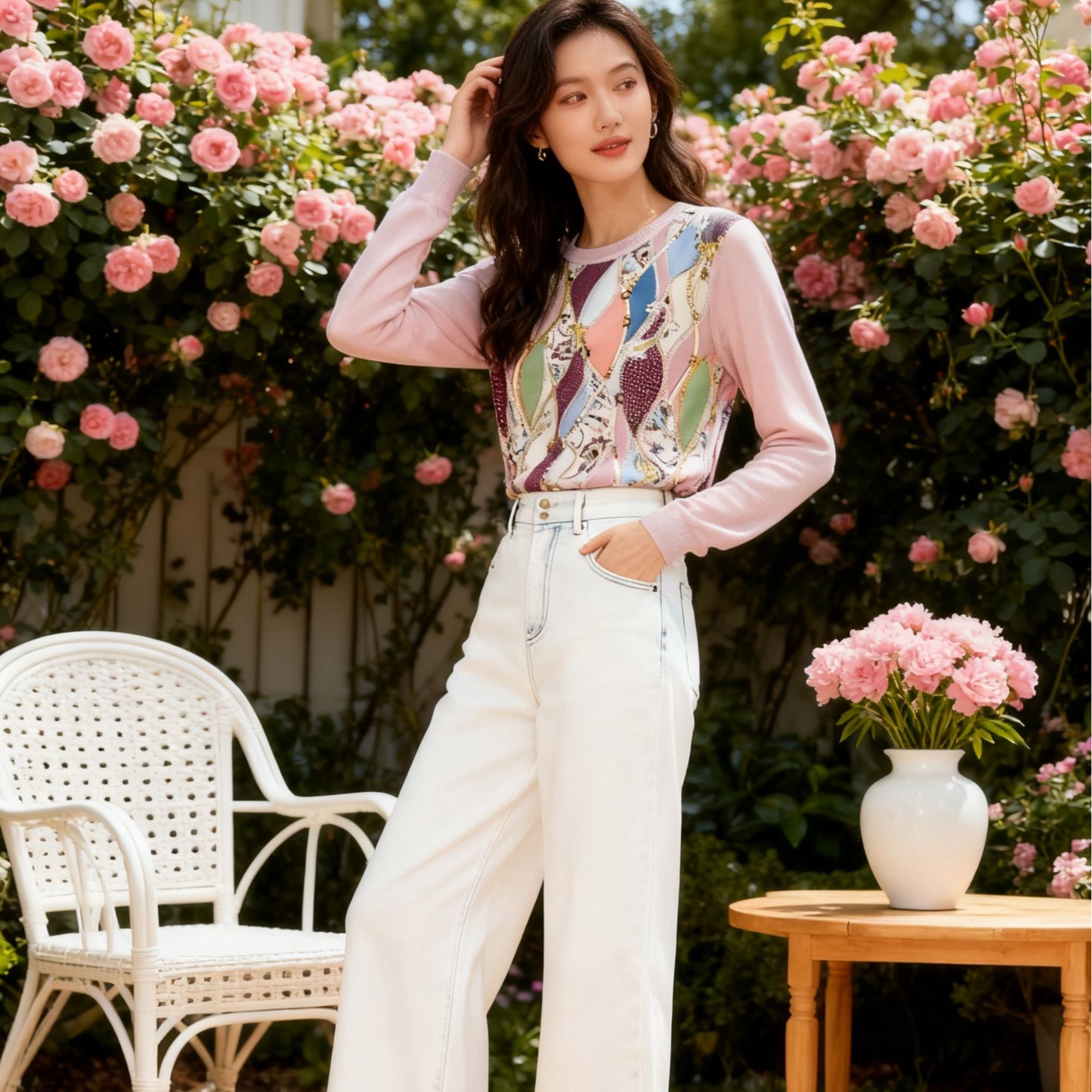 AW 25224【紫薇风铃】2025秋桑蚕丝印花拼接绢丝羊毛上衣